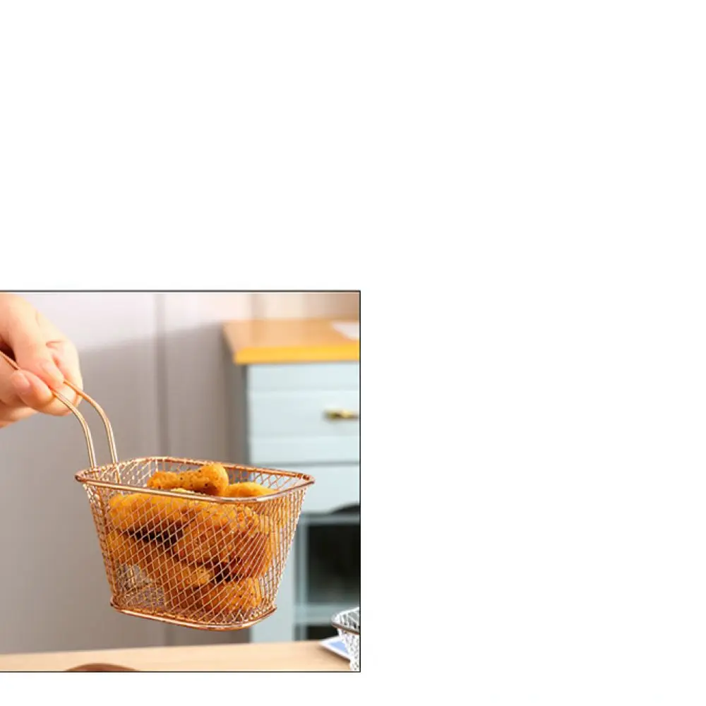 Square Mini Fried Food Basket Rose Gold French Fries Holder Iron Wire Snack Display Server For Restaurant Kitchen Bar