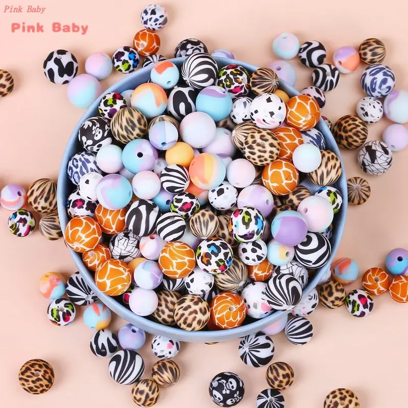 100pcs 12mm Silicone Teething Beads Tie Dye Leopard Terrazzo Dalmatian Beads DIY Chewable BPA Free Pacifier Clip Making