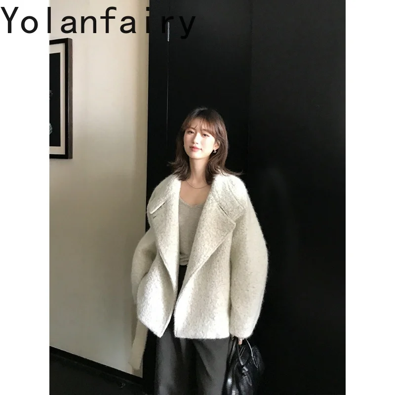 YOLANFAIRY Fashion 50% Wool Coat Women Autumn Winter Elegant Woolen Alpaca Mohair Blend Jacket Korean Warm Overcoat Outerwear
