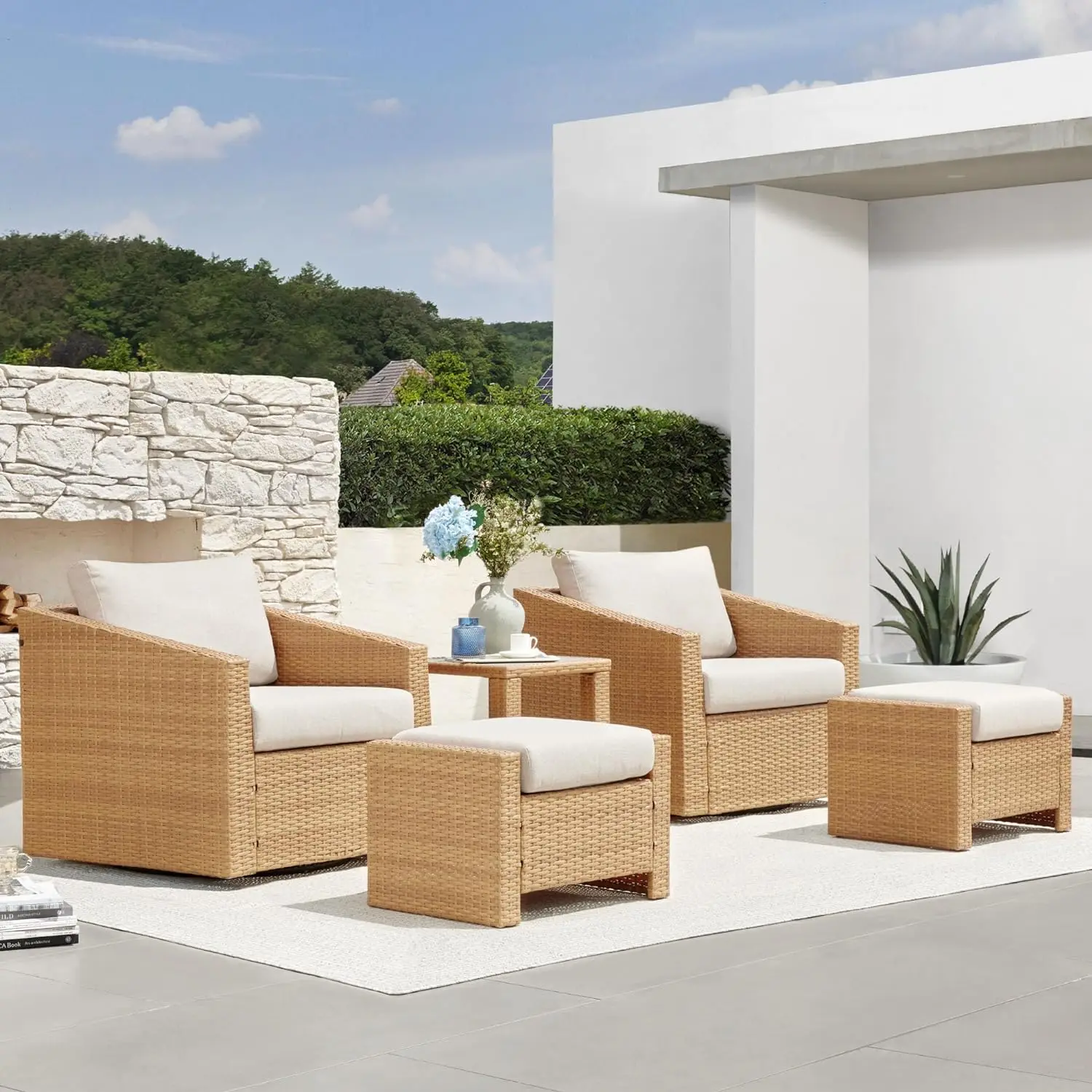 

5-PIECE WICKER PATIO FURNITURE SET, 2 RATTAN SWIVEL CHAIRS, 2 OTTOMANS, PILLOWTOP CUSHIONS AND SIDE TABLES, BEIGE CUSHIONS