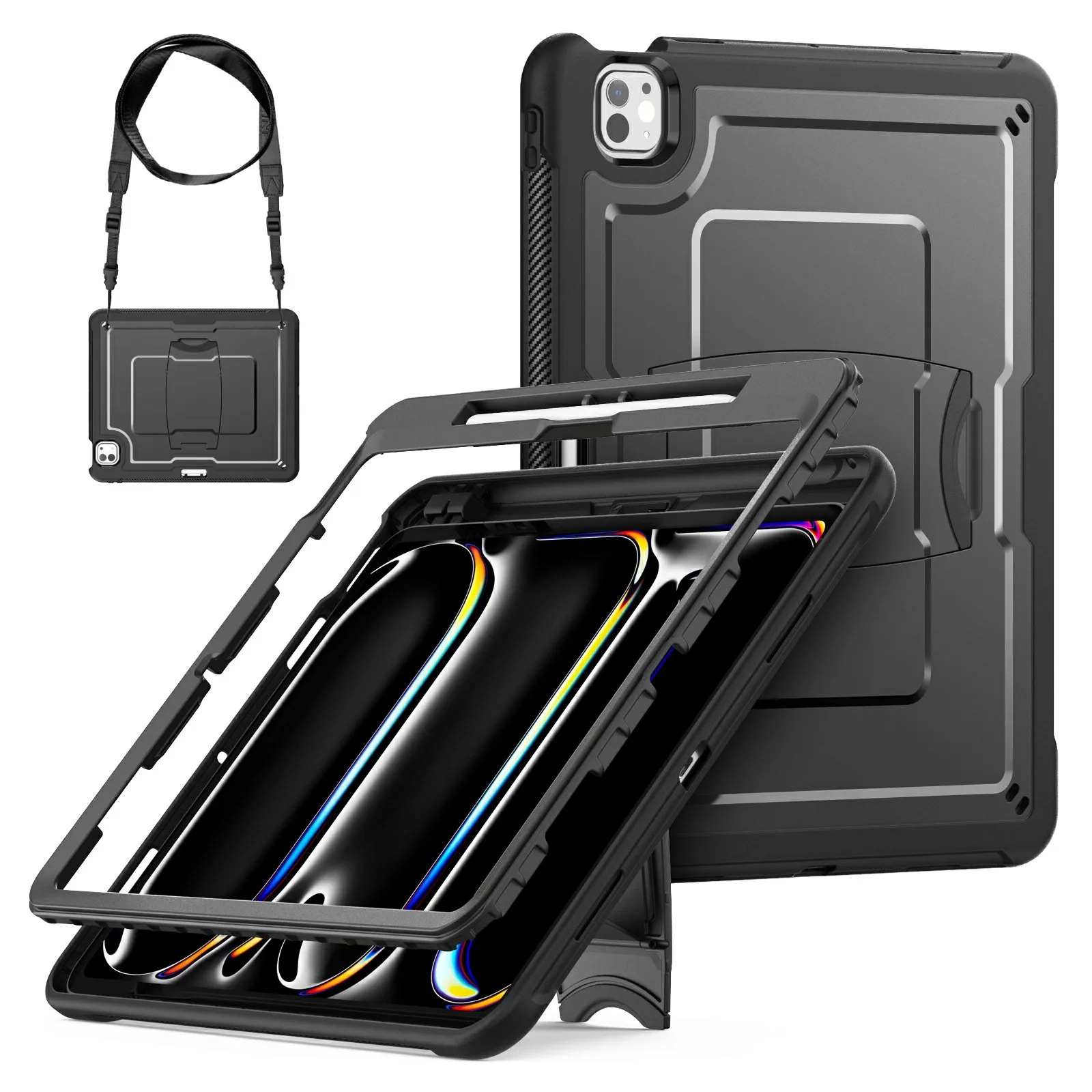 

For iPad Pro 13 (2024) Case Hidden Zinc Alloy Kickstand PC + TPE Tablet Cover with Shoulder Strap - Black