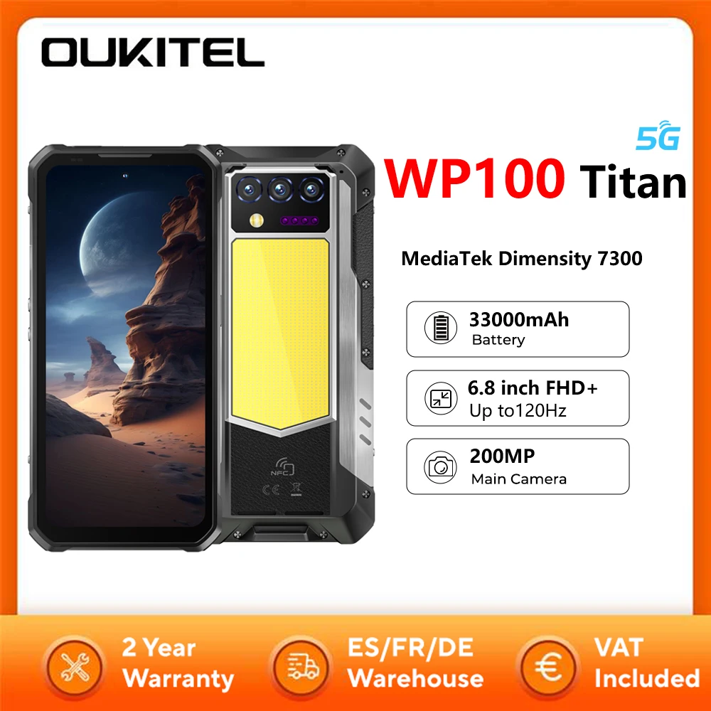 Oukitel WP100 Titan Tlphone Robuste  6.8'' 5G 33000mAh 66W 48Go (16+ 32) + 512 Go 120Hz Android 14 2+20+32+200MP  Double SIM