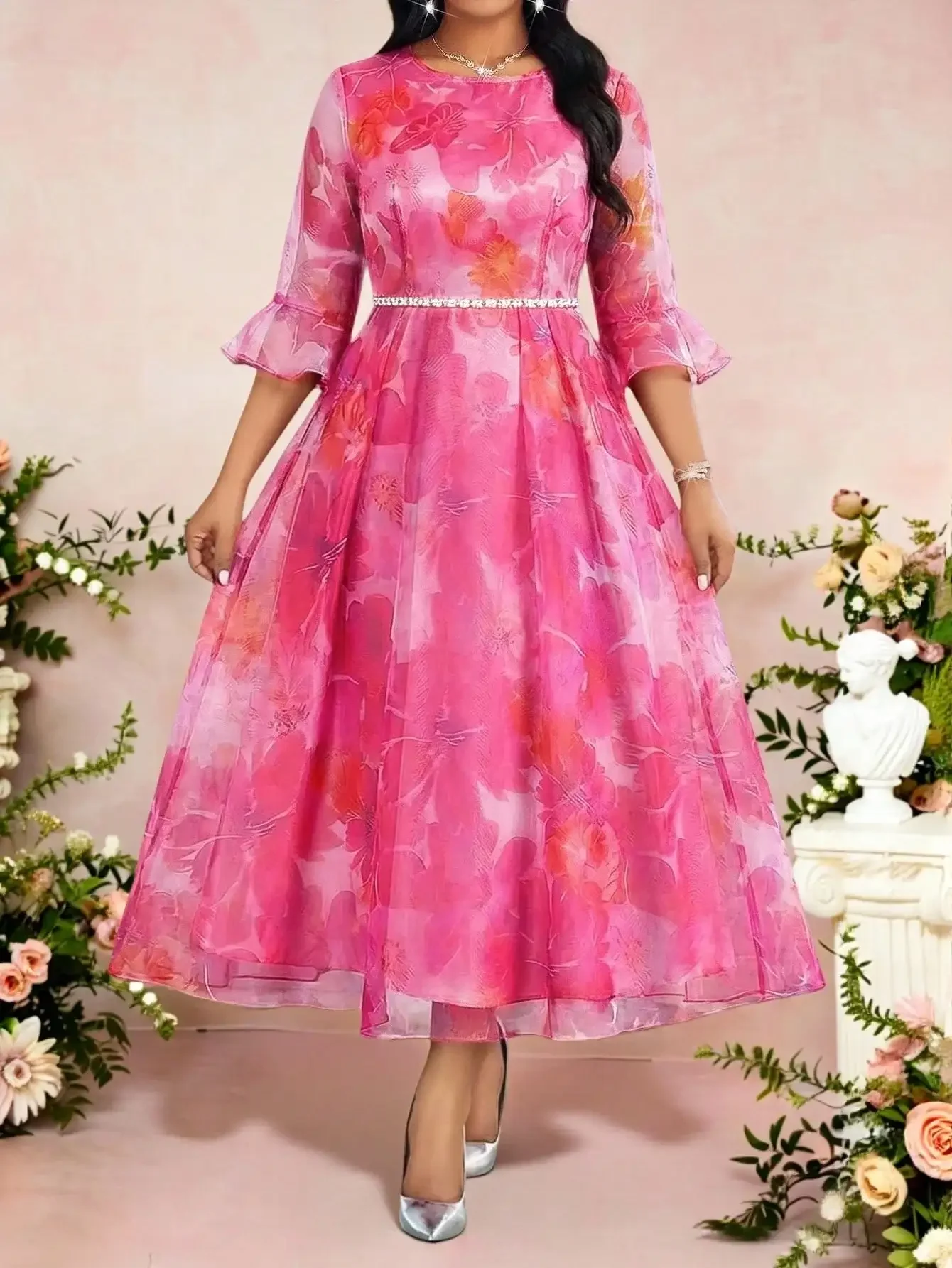 

Floral And Abstract Print Midi Dress For Women With Belted Waist, Flare Sleeves, Pleated Skirt