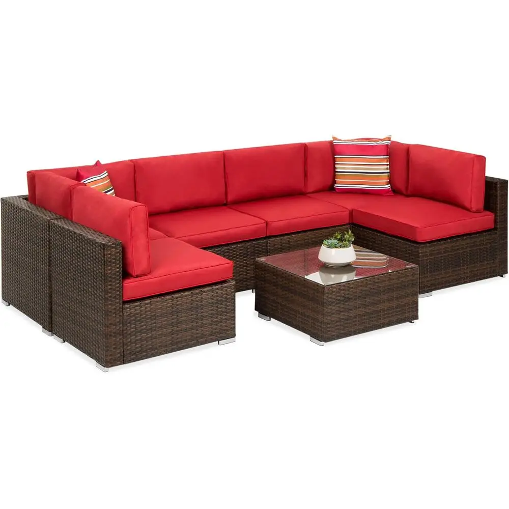 

7-Piece Outdoor Wicker Sectional Patio Set with 2 Pillows, Coffee Table, and Cover - Brown/Red