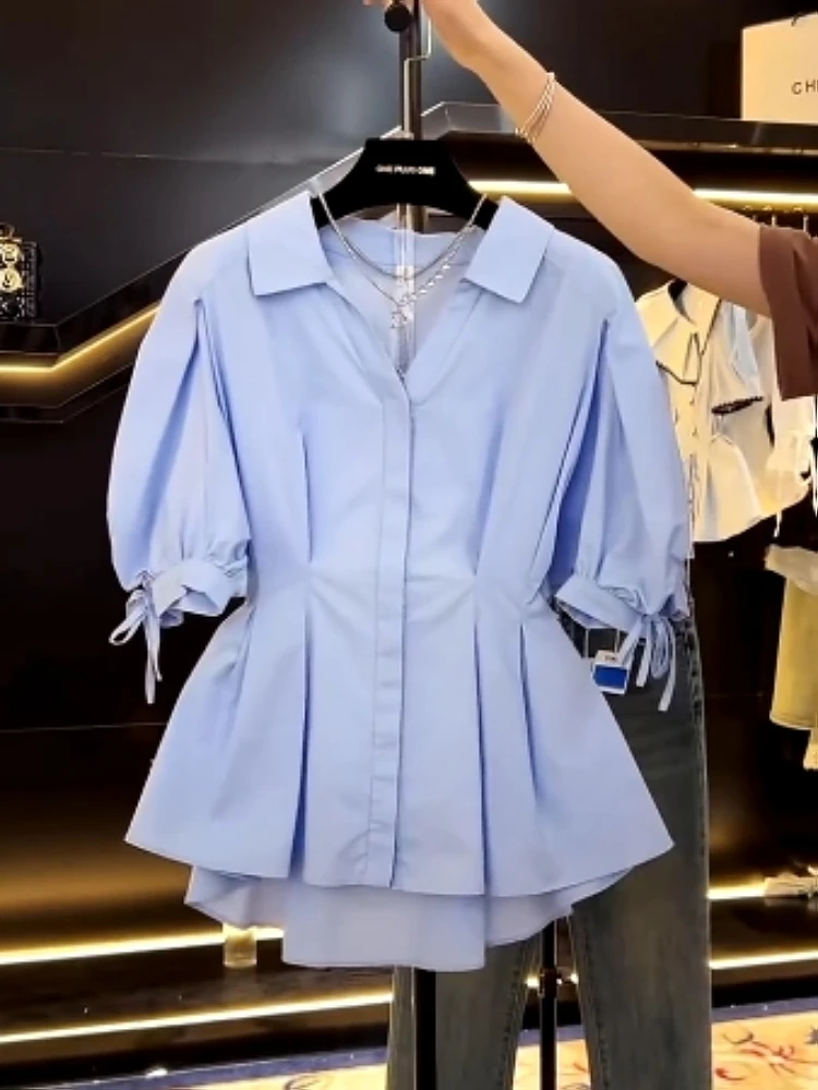 

plus Size Summer Slim Fit ort Sve T-irt Women's irt Bubble Sve Belly Cover Waist Cinching Korean Sle Top