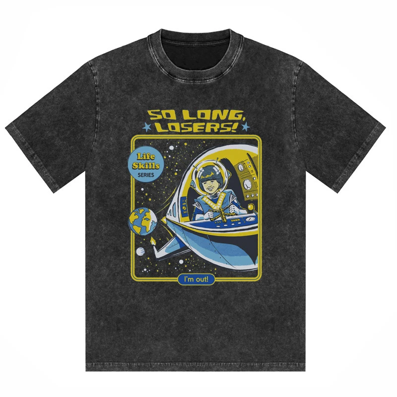 Hot European and American Dark Illustration Interesting Alien American Retro Wash Old Oversize High Street Loose Men T Shirt