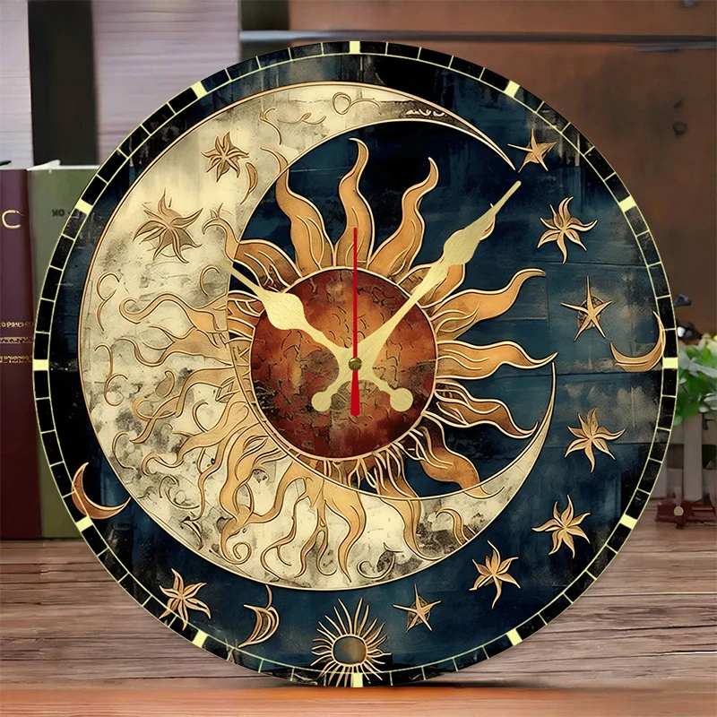 Sun & Moon Celestial Wooden Round Silent Hanging Wall Clock,Suitable For Living Room,Office,Study Room, Bedroom,Home Decoration.