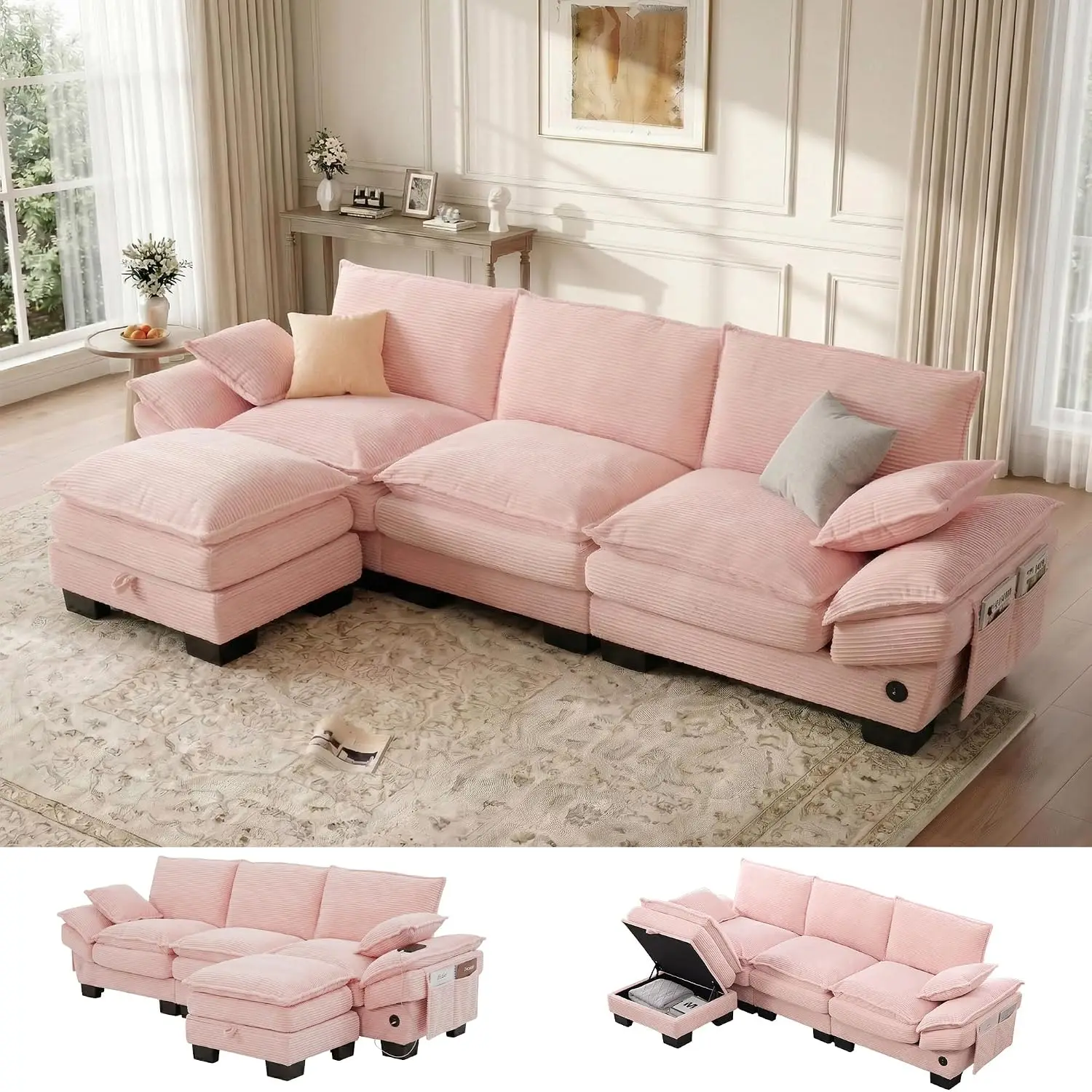 Pink Corduroy L Shape Sectional Sofa With Ottoman & USB Ports, 102
