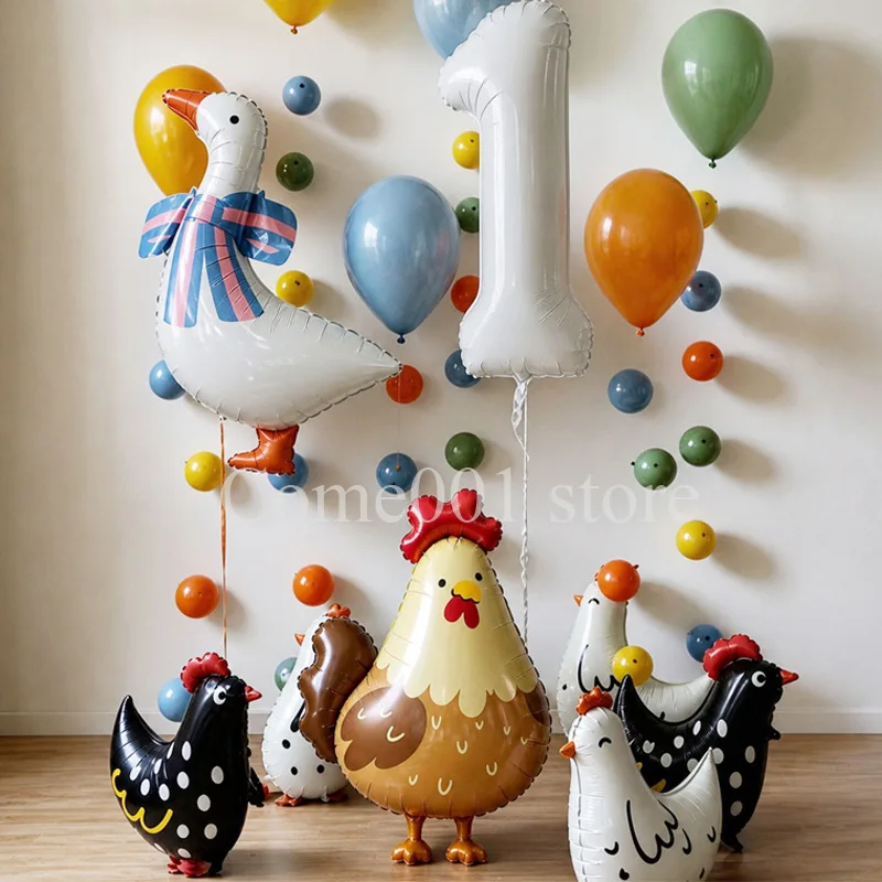Urocze balony foliowe w kształcie zwierząt z farmy, balony kurczak i kogut, dekoracja tła urodzinowego, rekwizyty do fotobudki na imprezę o tematyce farmy.
