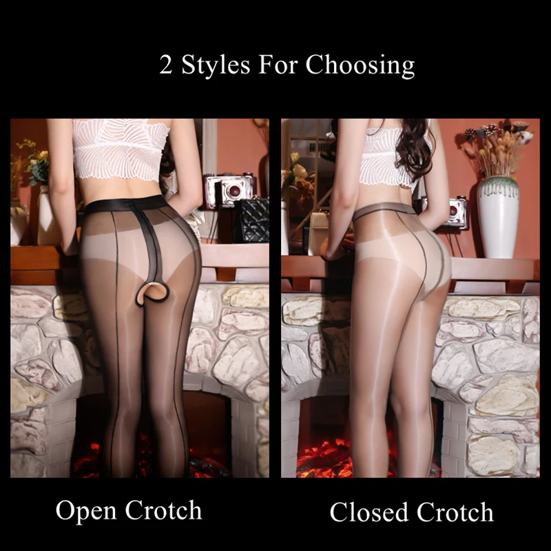 1D Ultra Thin Transparent Stockings Oil Shiny Cuban Heel Back Seam Pantyhose Women Sexy Open Crotch Tights Party Hosiery