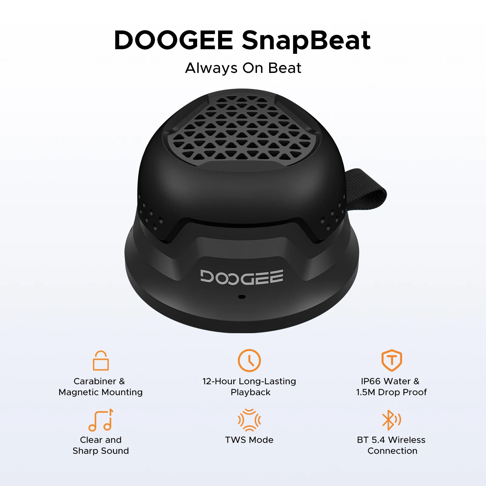 DOOGEE SnapBeat Altoparlante Bluetooth Magnetico Portatile – IP66, 12h Autonomia, TWS, Base Magnetica E Moschettone