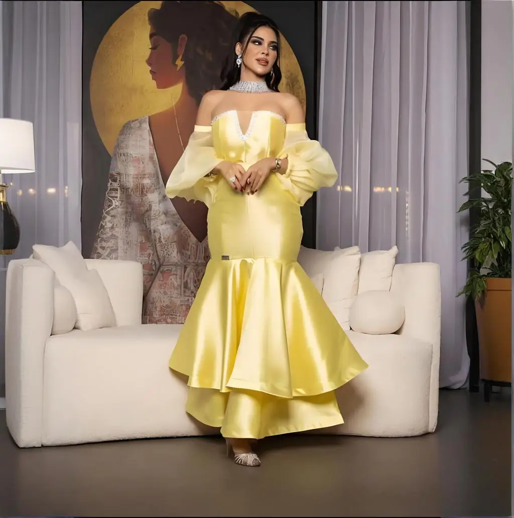 

dubai arabic yellow evening dresses 2025 long sleeves formal gown Beaded mermaid prom dresses occasion dresses for women