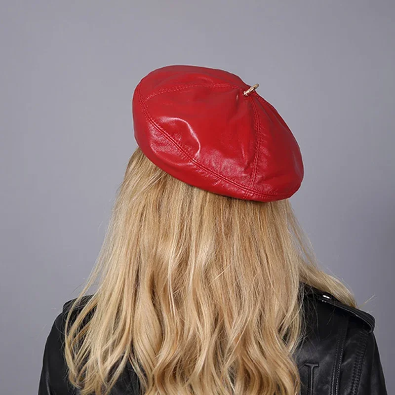 2025 Spring 100% Real Leather Beret Hat Women Fashion European Pumpkin Painter Caps Female Rainbow Color White/Red