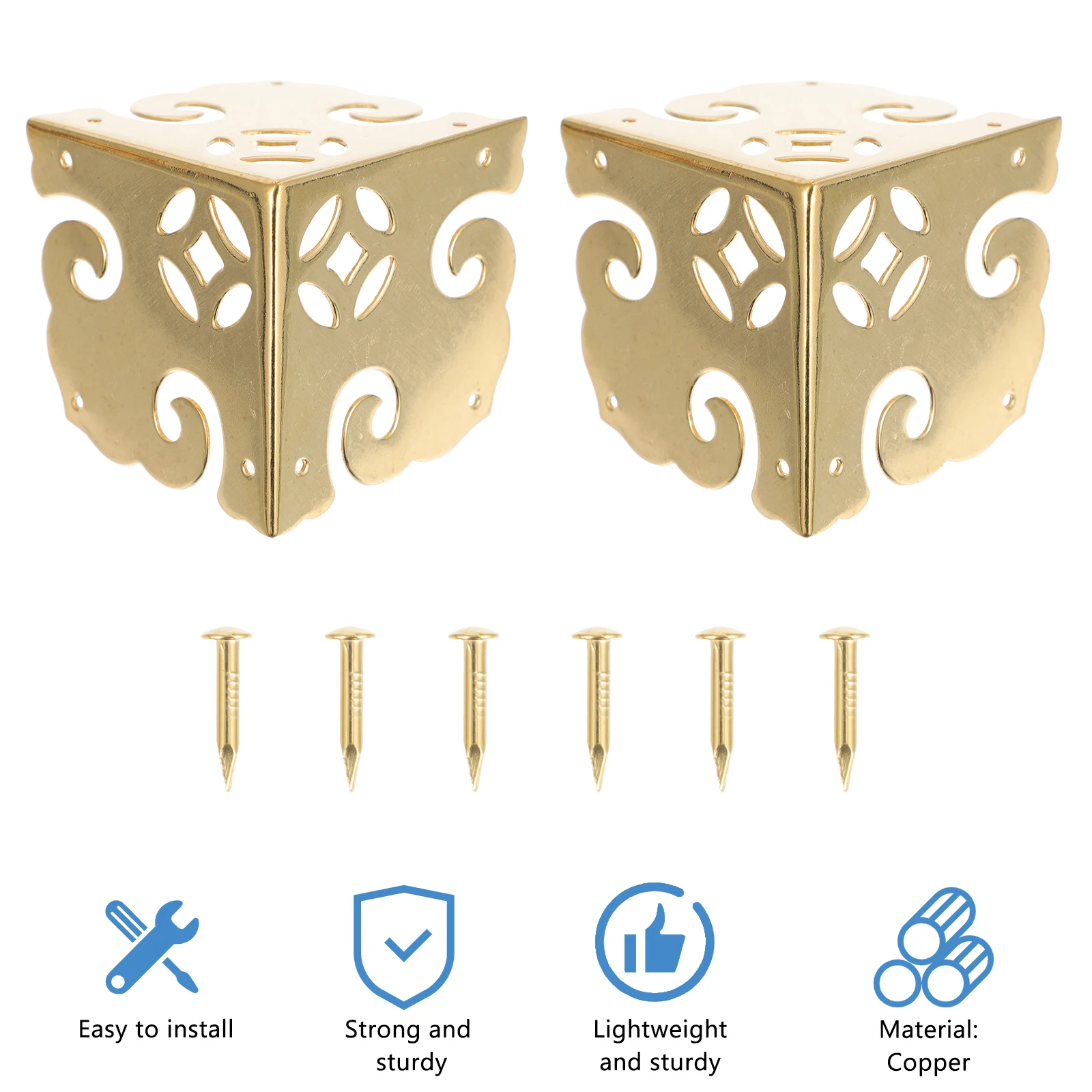 

2Sets Copper Box Corner Protector Hollow Design Rust Resistant Sturdy Protector for Wooden Jewelry Gift Storage Wine