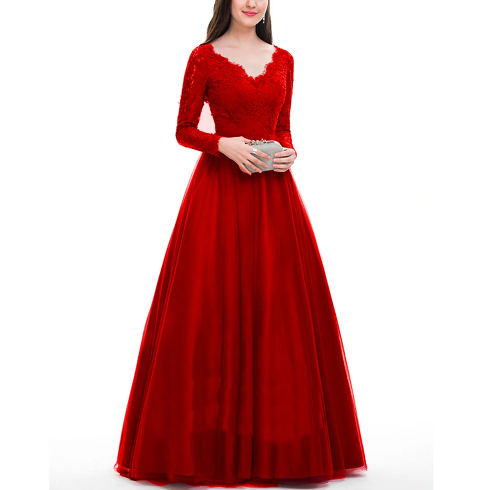 Abiti formali da donna elegante lungo pizzo trasparente ricamo manica scollo a V a-line abito rosso abiti da festa eleganti Vintage