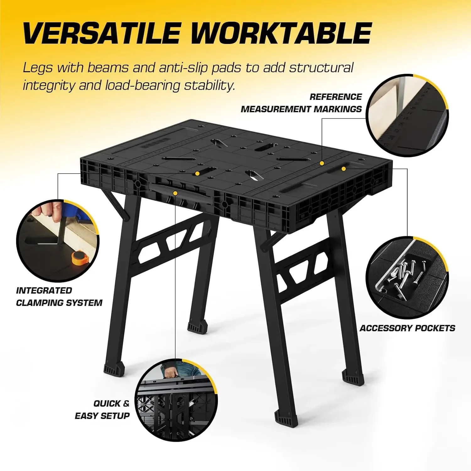 Express Folding Workbench, 2-in-1 Easy Setup Portable Folding Work Table & Sawhorse, Heavy-Duty 1000 Lbs Load Capacity (Black)