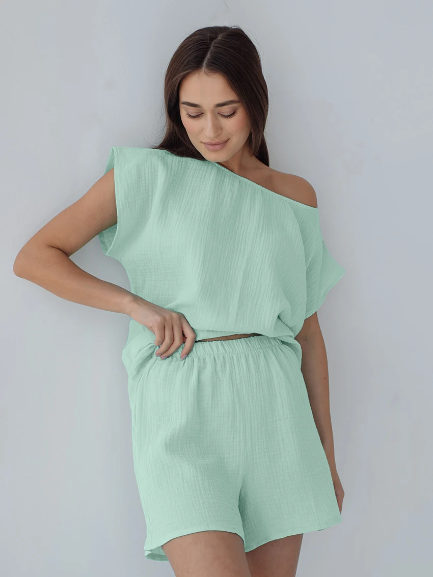 Marthaqiqi Summer Loose Ladies Nightwear Suit Short Sleeve Nightgown Sexy O-Neck Pajamas Shorts Casual Cotton Femme Home Clothes