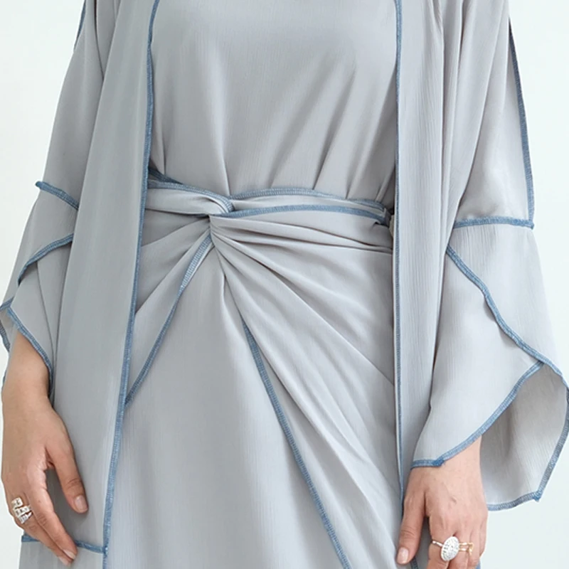 Imagem -04 - Conjunto Abaya de Peças para Mulheres Vestido sem Mangas Saia Intermediária Cardigã de Quimono Roupa Islâmica Roupa Modesta Muçulmana de Dubai Verão