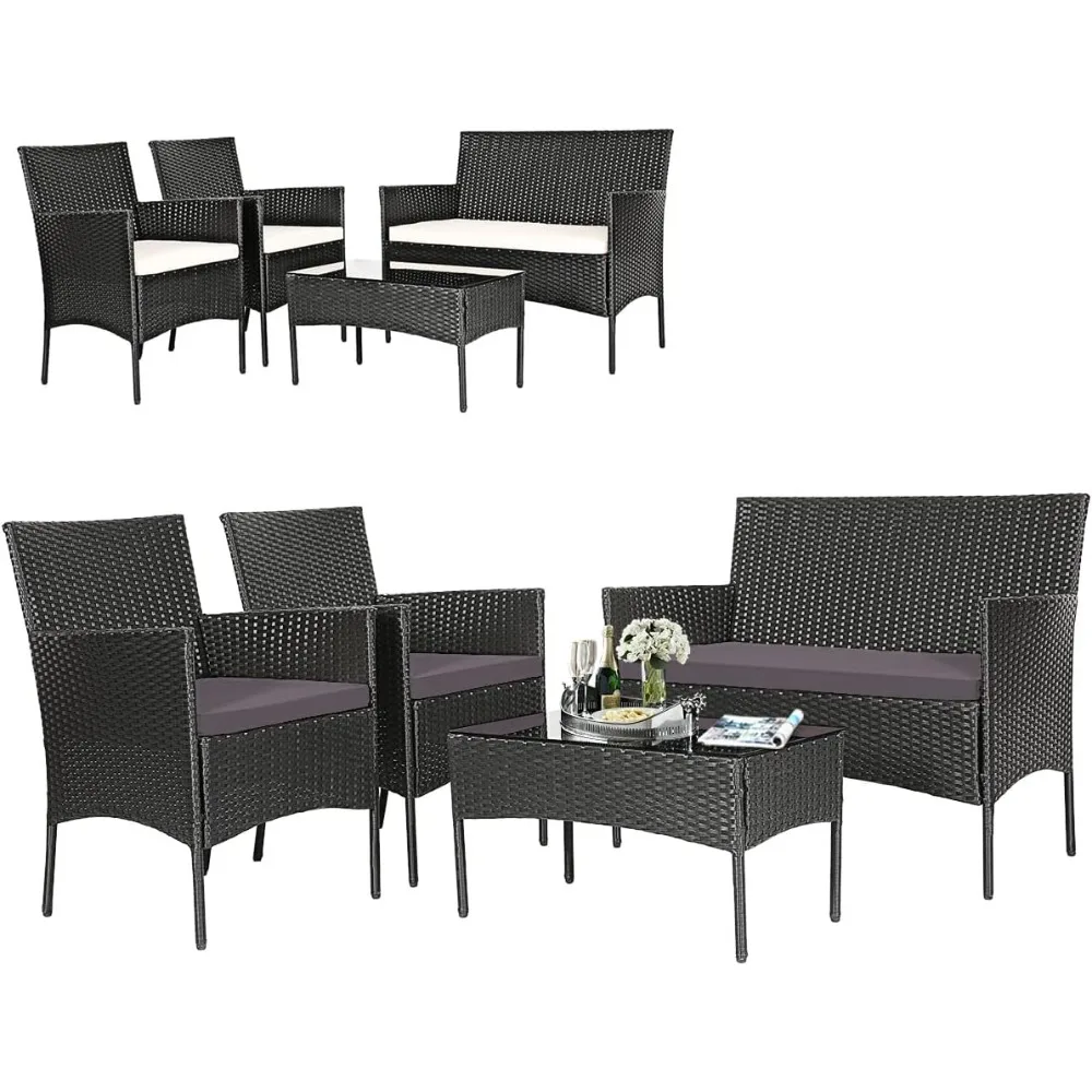 

4 Pieces Patio Furniture Set, Outdoor Wicker Conversation Set with Tempered Glass Tabletop, Rattan Sofa and Chairs Set with Off