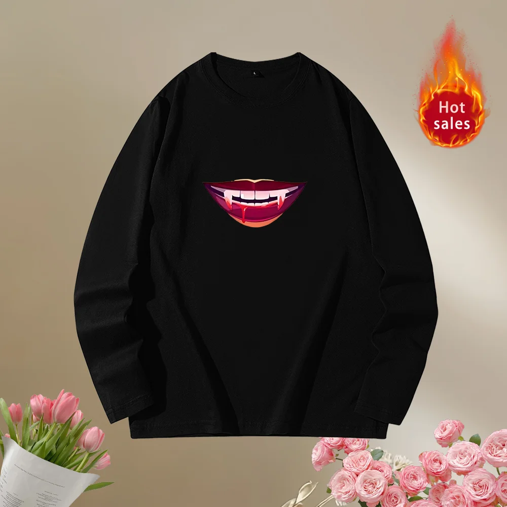 Stuck teeth Women Pure T-shirt for Men American Street Creative Blow winter Relaxed Long Sleeve Couple Wear Top