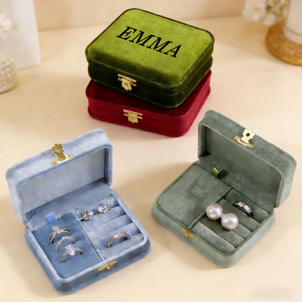 Personalized high-end velvet jewelry storage box,with waist snaps,can store vintage-style ring&earrings,Customizable name travel