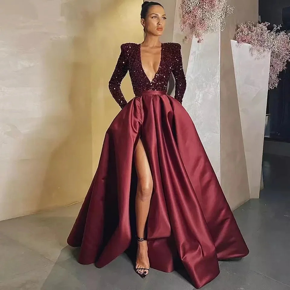 

Sexy A-Line Sparkle Party Wear Evening Dress Deep V Neck Long Sleeve Plus Size Floor Length Satin Sequin Split 2022 Formal Gowns