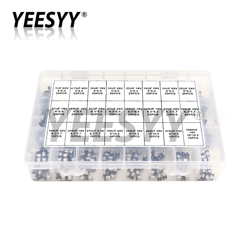 

400pcs SMD Aluminum Electrolytic Capacitor Assortment Kit 24Values 1UF-1000UF 6.3V-50V Capacitance Sample Set with box