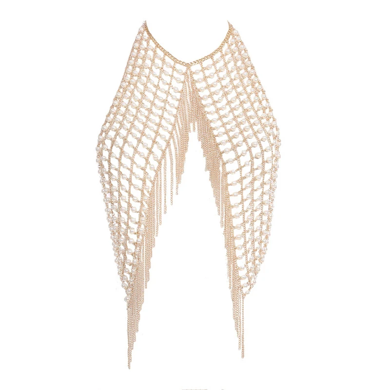 Vintage Damen Perlen-Quasten-Körperkette, mehrschichtiger Gurt, Fransen-Cape, Schmuck, sexy Statement-Top für Party, Abend, Hochzeit, Abschlussball – Detail 6