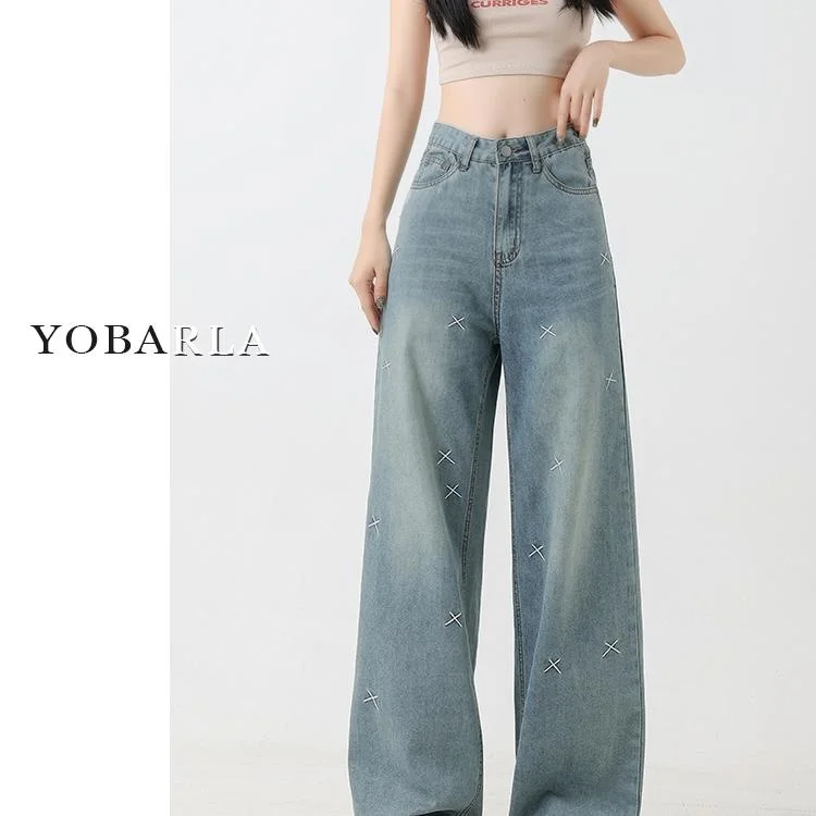 

plus Size Women's Embroidered Wide Leg Jeans High Waist Loose Slim Straight Long Pants Autumn 2024 New Style Casual Fashion
