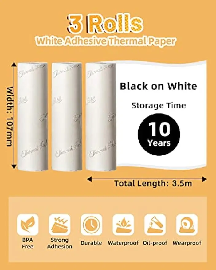 Phomemo White Glossy Sticker Paper Thermal Paper Printable Adhesive Label Paper for M04S M04AS Printer 107mm x 3.5m, 3 Rolls