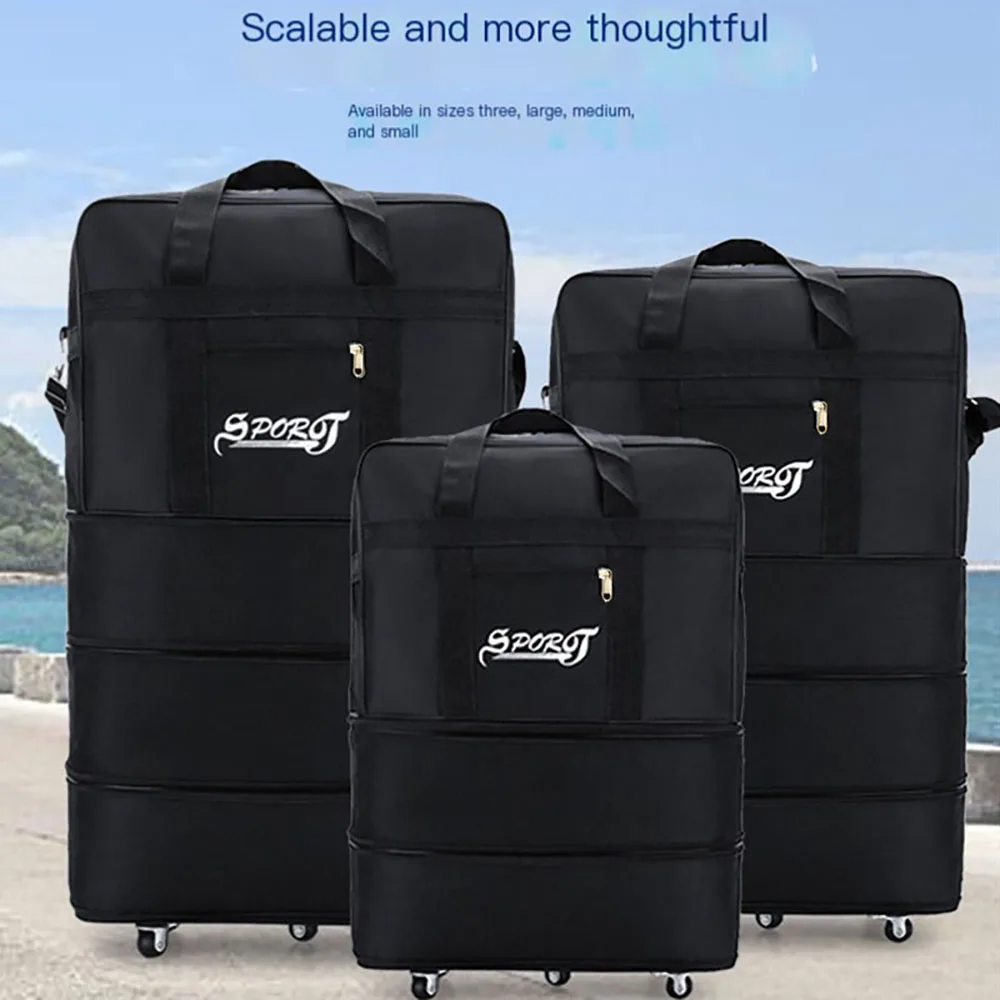 Travelling Pack Wheels For Women Men Expandable Foldable Trolley Luggage Versatile Black Suitcase For Weekend Trip overnight bag