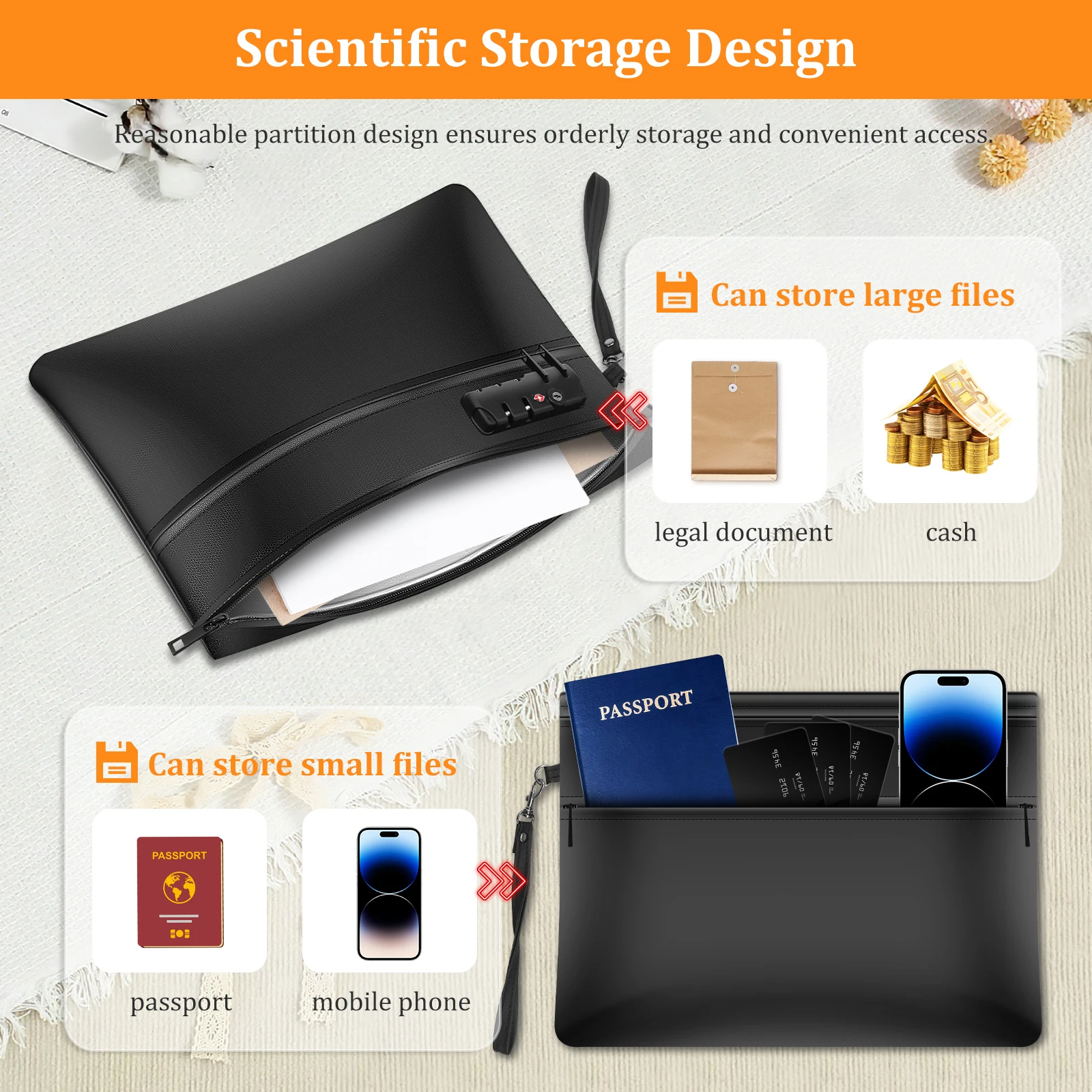 6400 ℉   ロック付き耐火書類バッグ デュアルジップコンパートメント 耐火マネーバッグ 12層断熱耐火バッグ 保護