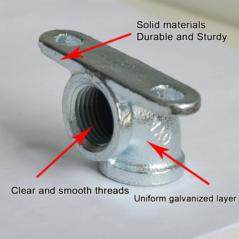 90 Degree Female Thread Elbow with Mounting Base Malleable Iron Double Galvanized Pipe Fitting Fixed Wall Elbow