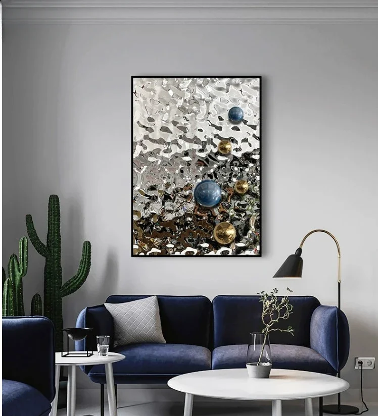 Light luxury style stainless steel mirror surface water wave pattern wall decoration square contrast three-dimensional ball