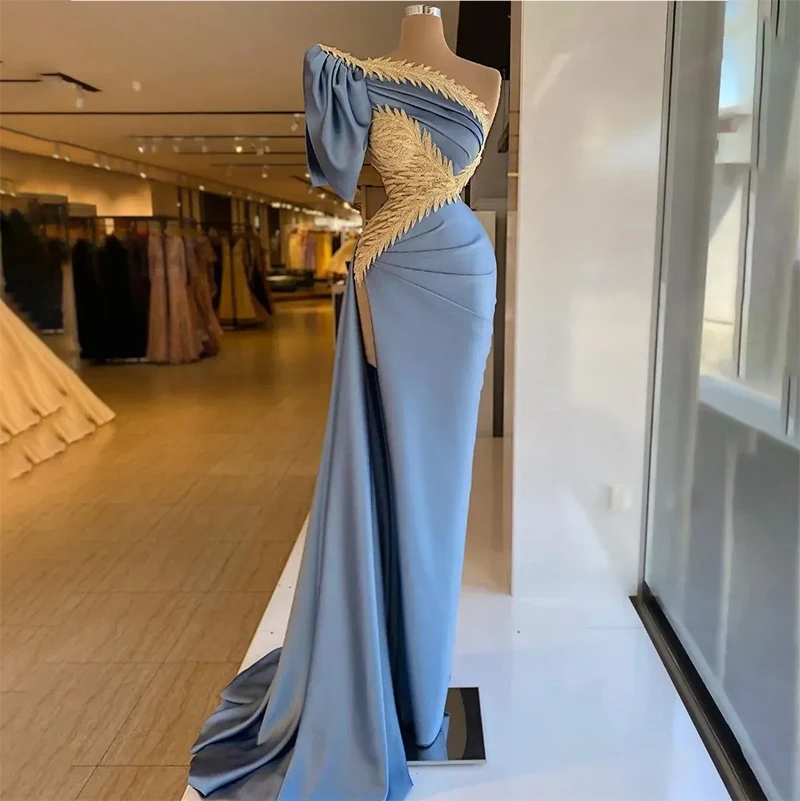 

Customized Graceful Blue Mermaid Evening Dresses One-Shoulder Short Puff Sleeve Charming Side Split Prom Occasion 2025