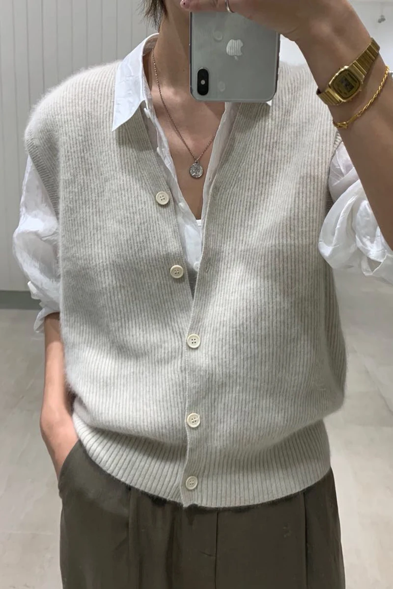 Angora Vest Vest Knit cardigan Women V-neck Loose Japan fashion Spring and Autumn Stacked Fleece Waistcoat Vest Outdoor