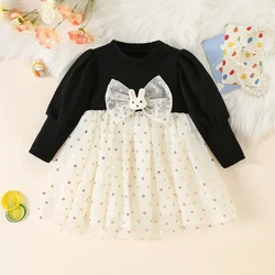 Autumn New Girls Long Sleeve Round Neck Pattern Plush Rabbit Bow Polka Dot A-line Dress (0-3 Years Old Girls)