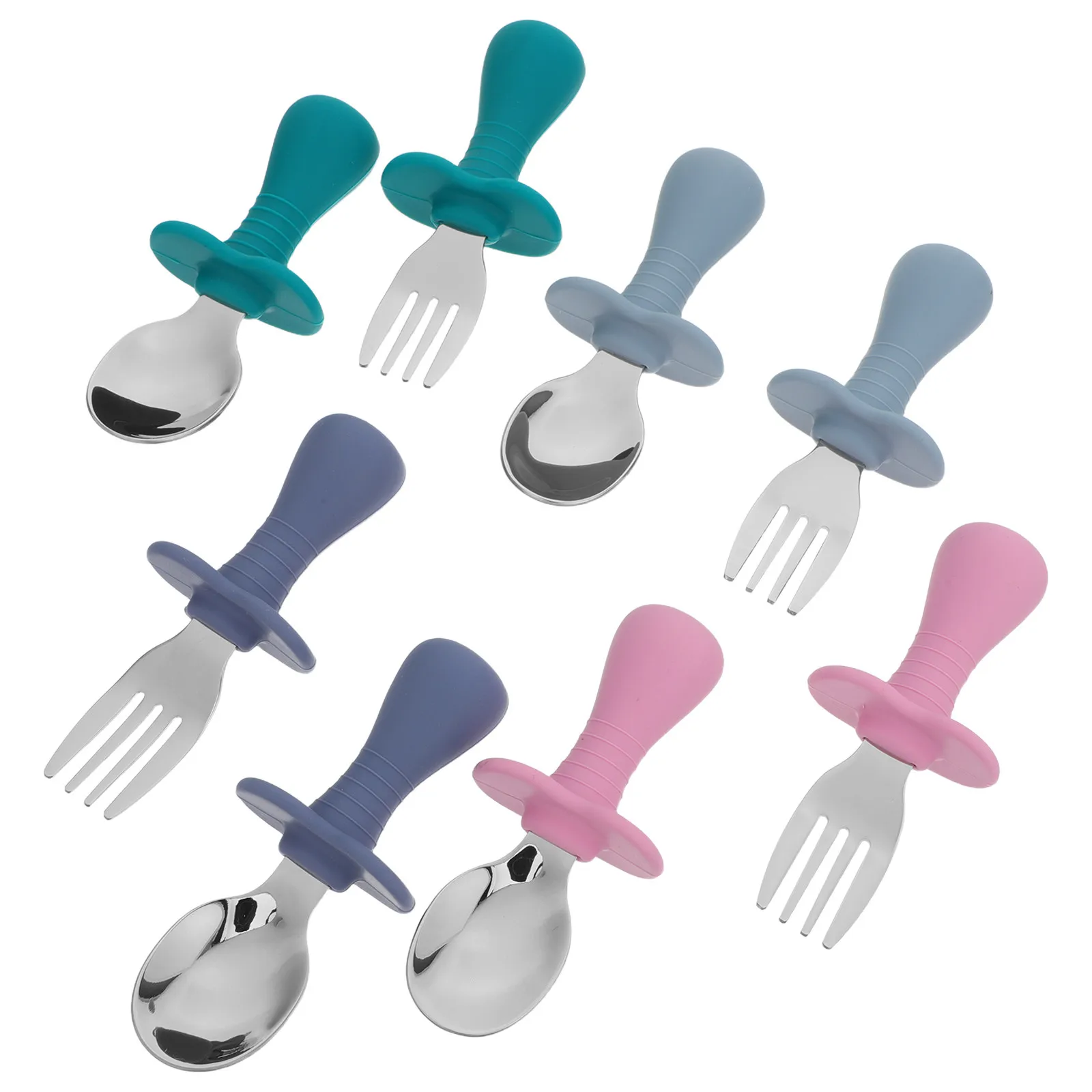 

Набор детских столовых приборов из 4 предметов: силиконовые ложка и вилка для малышей, мягкие, для прикорма и обучения самостоятельному приему пищи