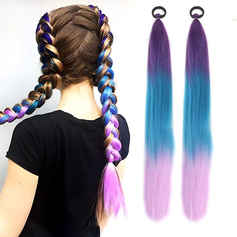 LUPU extensión de cola de caballo sintética con lazo elástico, banda para el cabello de 26 ", coleta larga y recta trenzada de color ombré, rosa, morado, azul