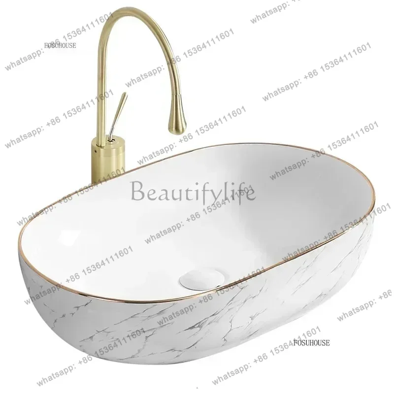 FG Nordic Round Ceramic Sinks Light Luxury Gold Edge Bathroom Sink Minimalist Above Counter Basin Marble Pattern Hotel Wash Basi