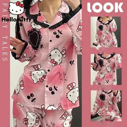 Sanrio Hello Kitty Women's Spring Autumn Sleepwear New Fashion Cartoon Lace Pajamas Japanese Style Sweet Y2k Student Home Suit