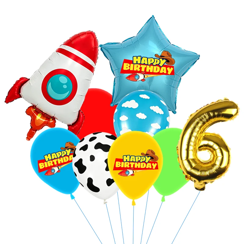 Rote, gelbe und grüne Spielzeugballons, hellblaue Ballons mit Wolken- und Kuhmuster für die Dekorationen zu Babystory- und Cowboy-Partys – Detail 34