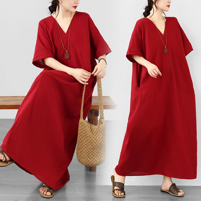 

Elegant plus Size Midi Dress Summer New Chinese Style Short Sleeve V-Neck Loose Fitting Meat Concealing Straight Cut Dress