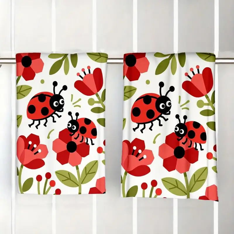 Pack of 2, cartoon ladybug pattern printed rustic towels, dish towels, hand towels, modern art kitchen decorative towels