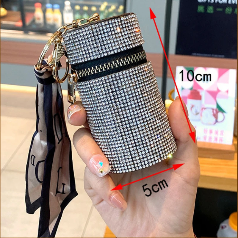New Cylindrical Stylish Rhinestone PU Mini Lipstick Bag with Silk Scarf Keychain Portable Coin Purse Women Accessories Gift