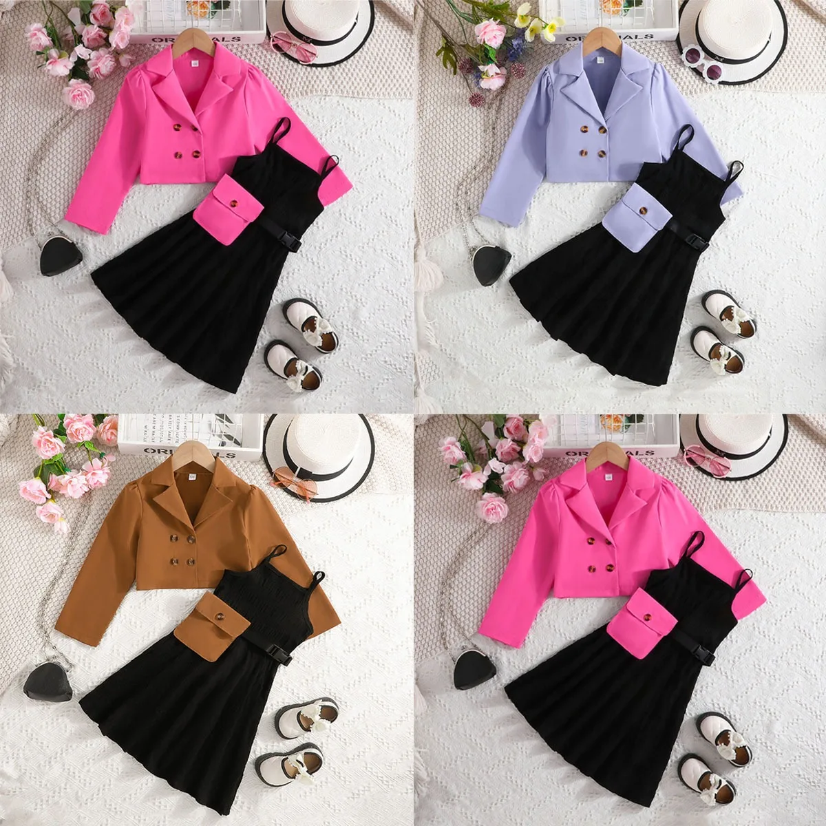 

2024 Autumn New in kids children Girls Fashion Small Suit Coat Skirt Bag Three Piece Set