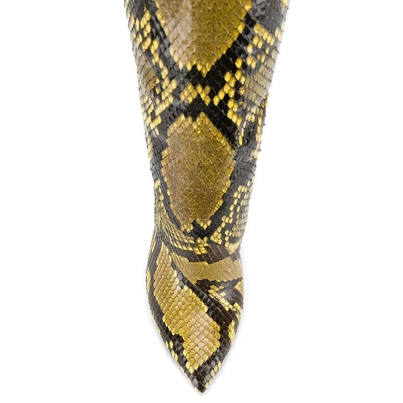 

Faionable Sexy Pointed Toe Yellow Snake Skin Pattern High Heel Long Boots Home Eb Simple Sle High Tube PU Material