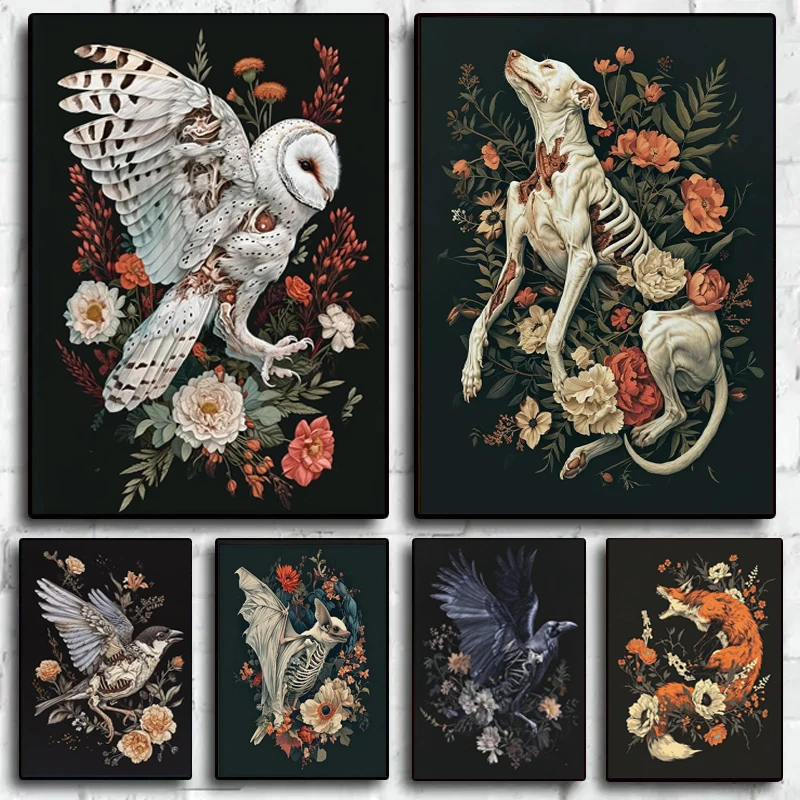 Horrible Floral Skeleton Animal Poster Gothic Bat Owl Rabbit Fox Canvas Painting Occult Wall Art Dark Academia Room Home Decor