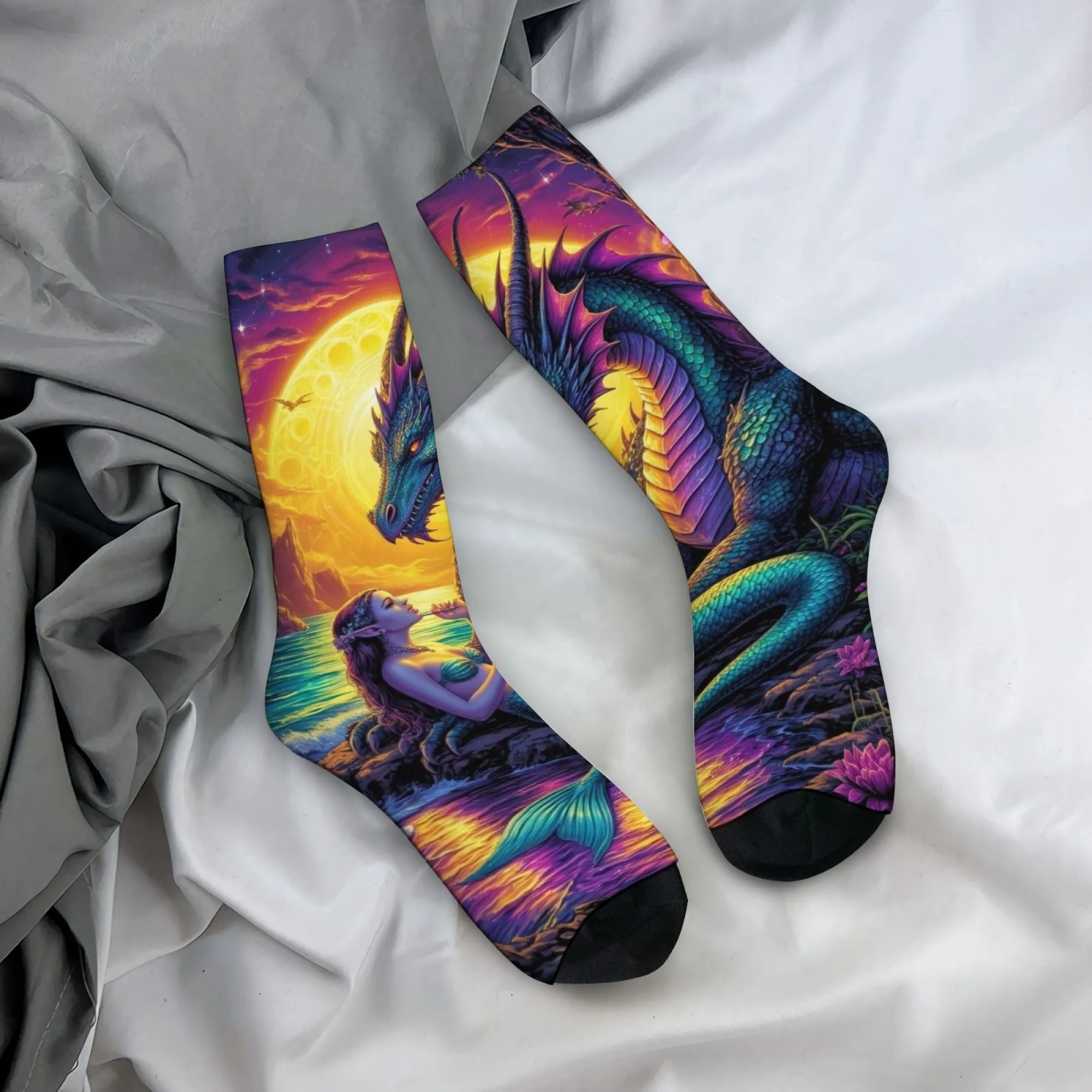 Magic Dragon and Mermaid Novelty Socks Harajuku Retro Style Casual Fashion Men's Socks Crazy Street Hip-Hop Funny Socks Gift