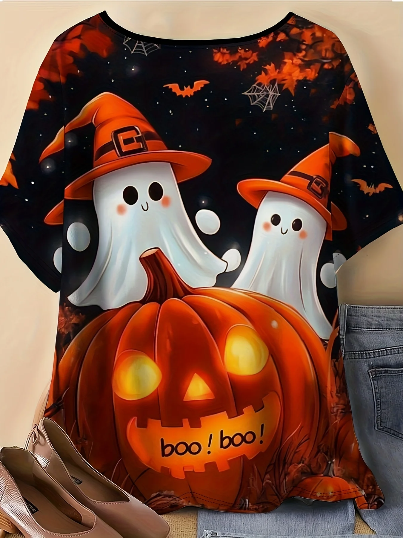 Women Halloween Short Sleeve Top Cute Ghost Witch Hat Pumpkin Boo Print Casual Crewneck Tee